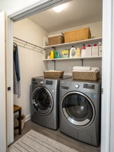On-site laundry facilities with modern washers and dryers, emphasizing the convenience and time-saving benefits for residents.